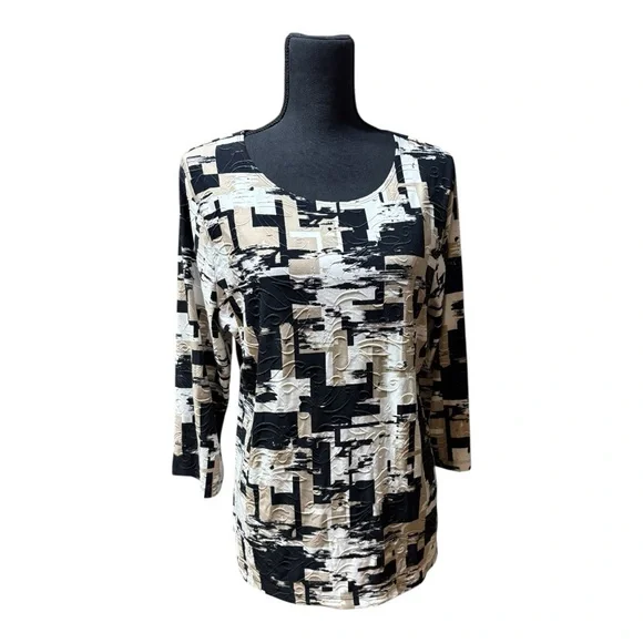 JM NWT Collection Black and White Fitted Graphic Blouse - Picture 2 of 7